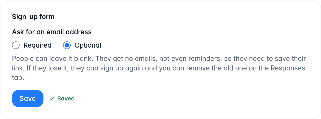 The Sign-up form settings, with Optional chosen for Ask for an email address, and Saved next to the Save button.