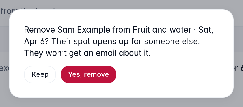 The question Remove Sam Example from Fruit and water · Sat, Apr 6, with two buttons under it: Keep, and Yes, remove.